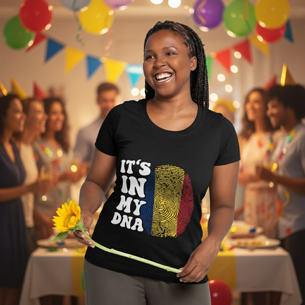 Black T-shirt with Romania Flag in fingerprint format