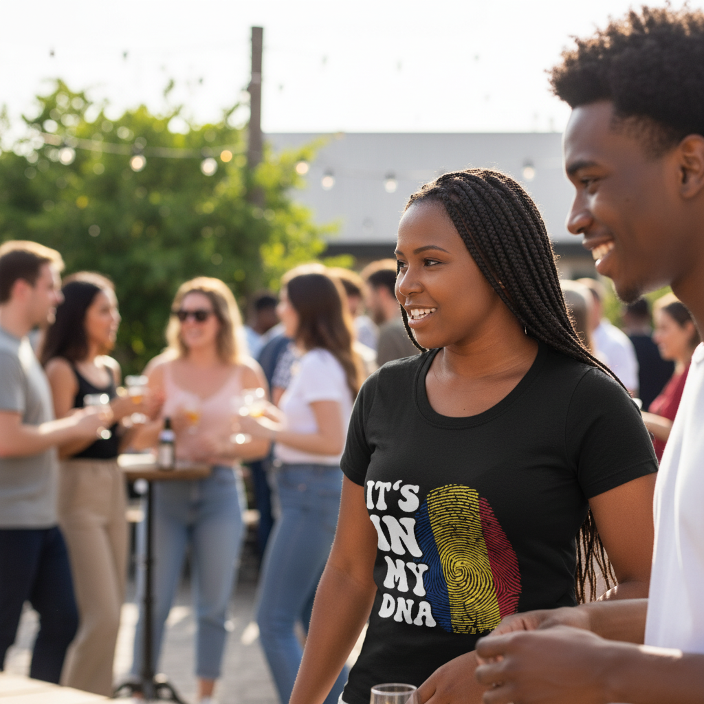 Woman wearing a black t-shirt with a Romanian flag design.