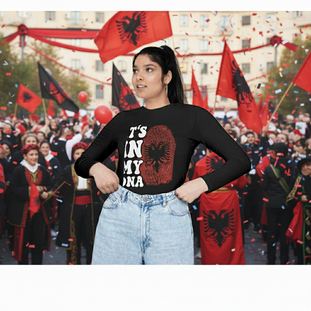 Person wearing a black long sleeve shirt with a Albanian Flag design celebrating Albania Independence day!