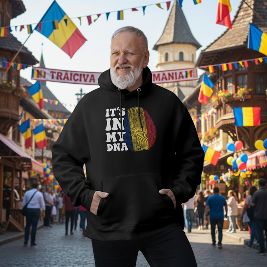 Man wearing a black hoodie Romanian flag design, standing at a Romanian Festival
