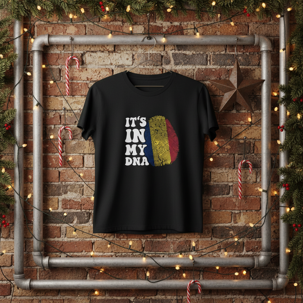 Black t-shirt with 'It's in my Romania DNA' text and fingerprint design hanging on the wall